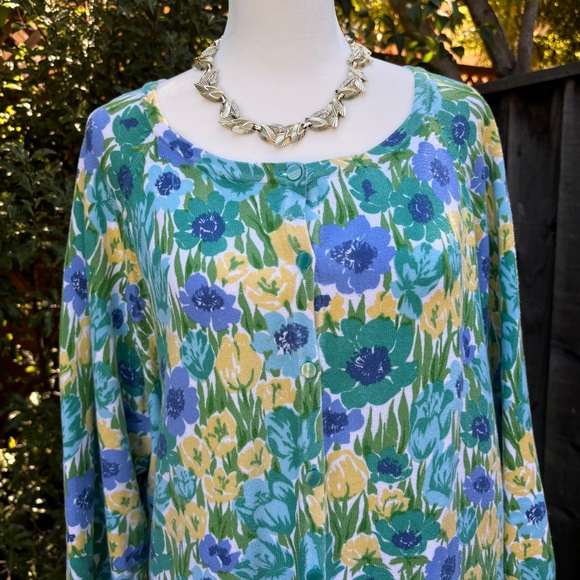 Talbots Size XL Floral Yellow Green 100% Cotton Cardigan Sweater Top Women - Picture 3 of 10